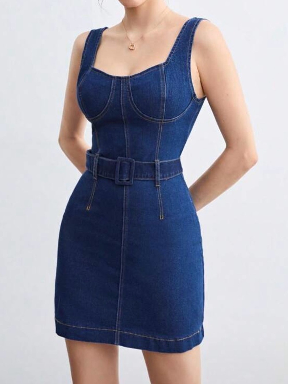 SHEIN Denim Belted Bodycon Mini Dress - Deep Blue